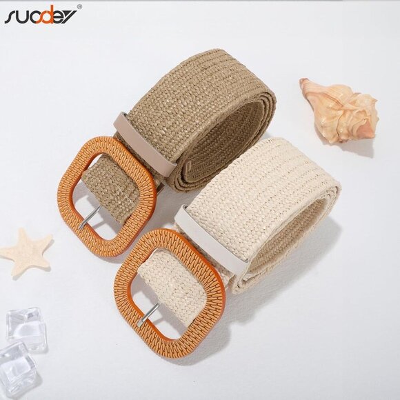 2 Pack Straw Woven Elastic Belt Braided Stretch Wide Boho Rattan Waist Belt for - Picture 6 of 8